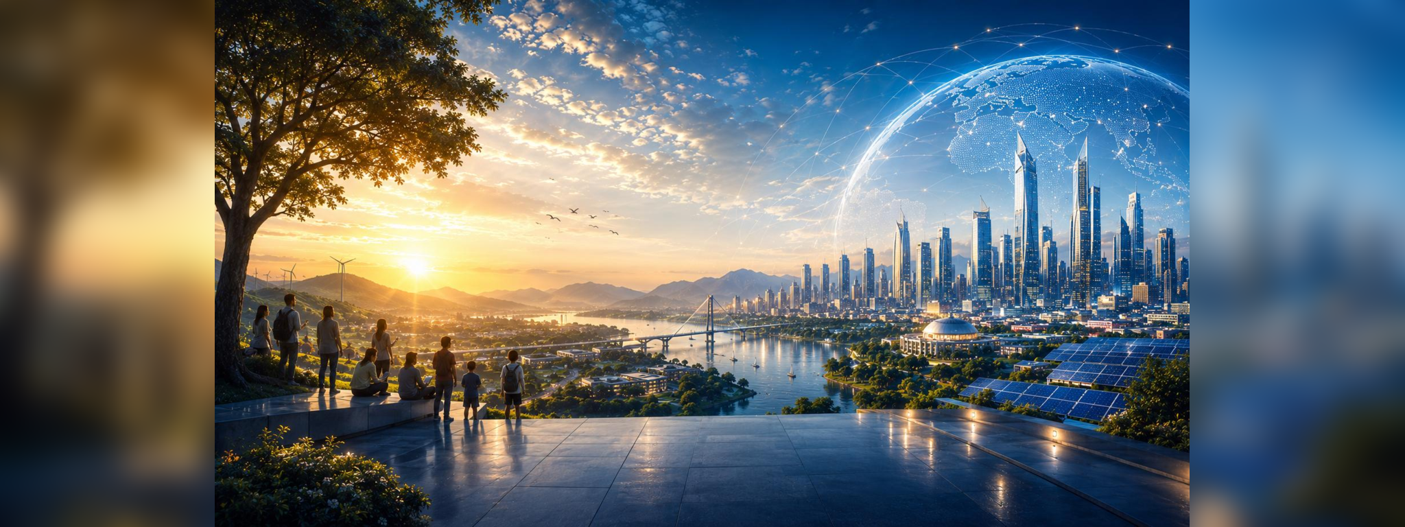A connected sustainable future city overlooking communities, renewable energy, and global digital infrastructure